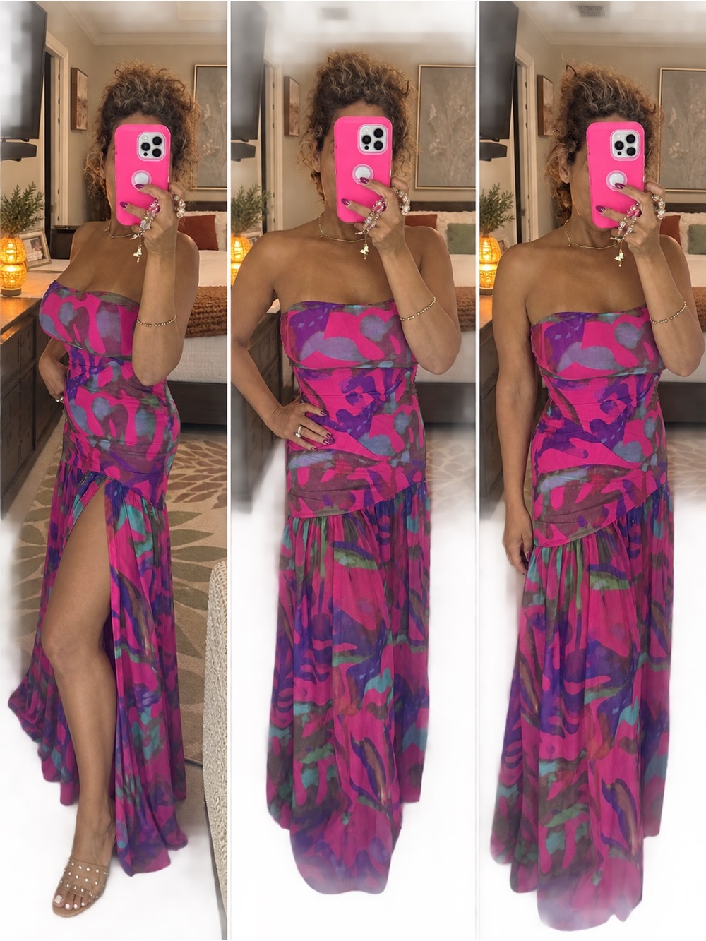 Strapless Pink & Purple Printed Maxi Dress
